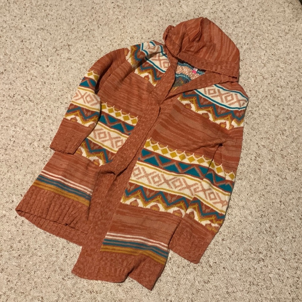 Hooded cardigan sweater with Aztec design